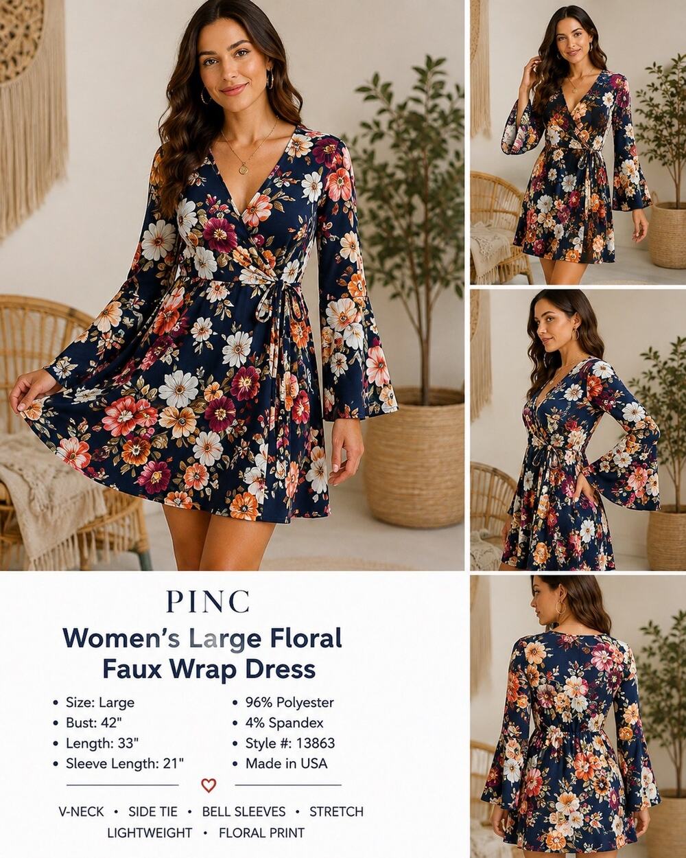 PINC Women’s Large Floral Faux Wrap Dress Navy Bell Sleeve Boho Side Tie Mini